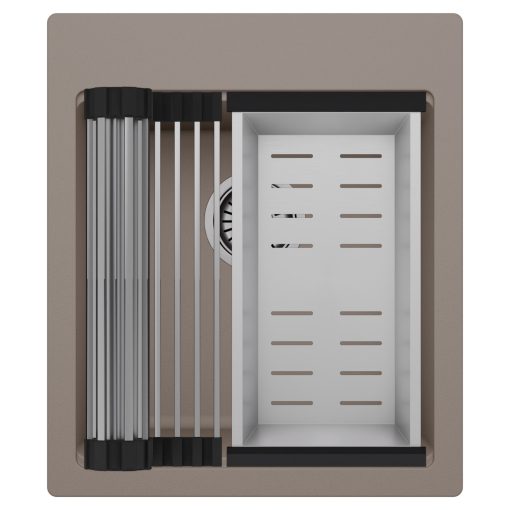 HD Infinity Tortora 43 egymedencés gránit mosogatótálca szett, acél csepegtetőráccsal és kosárral, tortora színben