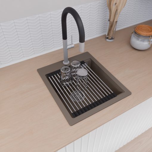 HD Infinity Tortora 43 egymedencés gránit mosogatótálca szett, acél csepegtetőráccsal és kosárral, tortora színben