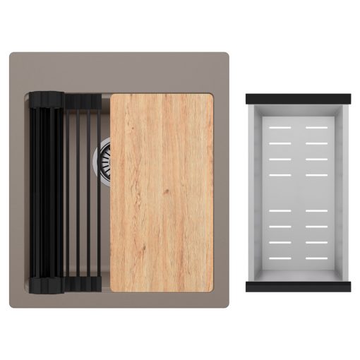 HD Infinity Tortora 43 egymedencés gránit mosogatótálca szett, vágódeszkával, matt fekete csepegtetőráccsal és krómozott kosárral, tortora színben