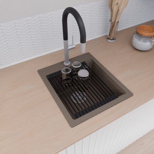 HD Infinity Tortora 43 egymedencés gránit mosogatótálca szett, vágódeszkával, matt fekete csepegtetőráccsal és krómozott kosárral, tortora színben