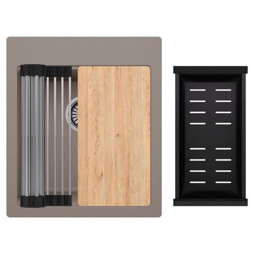 HD Infinity Tortora 43 egymedencés gránit mosogatótálca szett, vágódeszkával, acél csepegtetőráccsal és matt fekete kosárral, tortora színben