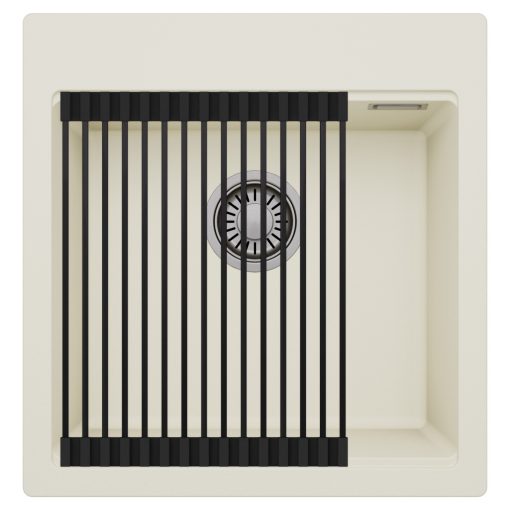 HD Infinity White 48 egymedencés gránit mosogatótálca szett, matt fekete csepegtetőráccsal, tört fehér színben, szálcsiszolt króm leeresztő szifonnal