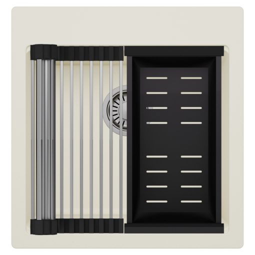 HD Infinity White 48 egymedencés gránit mosogatótálca szett, acél csepegtetőráccsal és matt fekete kosárral, tört fehér színben, szálcsiszolt króm leeresztő szifonnal