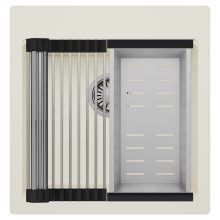 HD Infinity White 48 egymedencés gránit mosogatótálca szett, acél csepegtetőráccsal és kosárral, tört fehér színben, szálcsiszolt króm leeresztő szifonnal