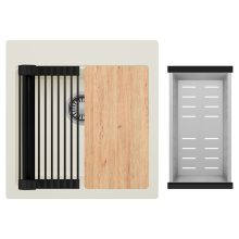 HD Infinity White 48 egymedencés gránit mosogatótálca szett, vágódeszkával, matt fekete csepegtetőráccsal és krómozott kosárral, tört fehér színben, szálcsiszolt króm leeresztő szifonnal