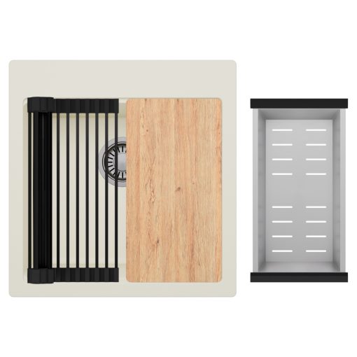 HD Infinity White 48 egymedencés gránit mosogatótálca szett, vágódeszkával, matt fekete csepegtetőráccsal és krómozott kosárral, tört fehér színben, szálcsiszolt króm leeresztő szifonnal