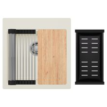 HD Infinity White 48 egymedencés gránit mosogatótálca szett, vágódeszkával, acél csepegtetőráccsal és matt fekete kosárral, tört fehér színben, szálcsiszolt króm leeresztő szifonnal