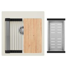 HD Infinity White 48 egymedencés gránit mosogatótálca szett, vágódeszkával, acél csepegtetőráccsal és kosárral, tört fehér színben, szálcsiszolt króm leeresztő szifonnal