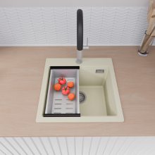 HD Infinity White 48 egymedencés gránit mosogatótálca szett, vágódeszkával, acél csepegtetőráccsal és kosárral, tört fehér színben, szálcsiszolt króm leeresztő szifonnal