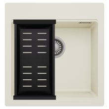 HD Infinity White 48 egymedencés gránit mosogatótálca szett, matt fekete csepegtetőkosárral, tört fehér színben, szálcsiszolt króm leeresztő szifonnal