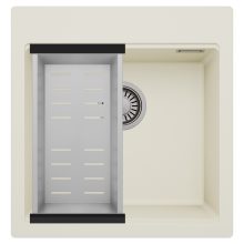 HD Infinity White 48 egymedencés gránit mosogatótálca szett, acél csepegtetőkosárral, tört fehér színben, szálcsiszolt króm leeresztő szifonnal