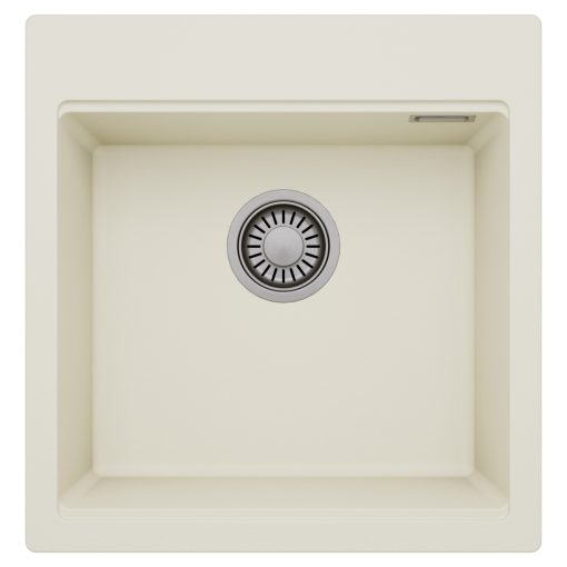 HD Infinity White 48 egymedencés gránit mosogatótálca, tört fehér színben, szálcsiszolt króm leeresztő szifonnal