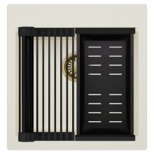 HD Infinity White 48 egymedencés gránit mosogatótálca szett, matt fekete csepegtetőráccsal és kosárral, tört fehér színben, szálcsiszolt arany leeresztő szifonnal