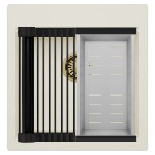 HD Infinity White 48 egymedencés gránit mosogatótálca szett, matt fekete csepegtetőráccsal és krómozott kosárral, tört fehér színben, szálcsiszolt arany leeresztő szifonnal