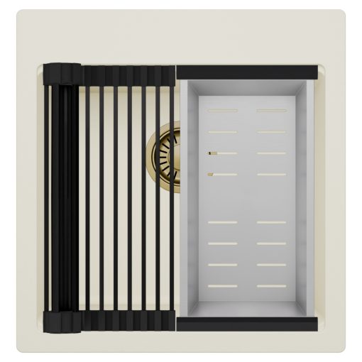 HD Infinity White 48 egymedencés gránit mosogatótálca szett, matt fekete csepegtetőráccsal és krómozott kosárral, tört fehér színben, szálcsiszolt arany leeresztő szifonnal