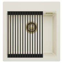 HD Infinity White 48 egymedencés gránit mosogatótálca szett, matt fekete csepegtetőráccsal, tört fehér színben, szálcsiszolt arany leeresztő szifonnal