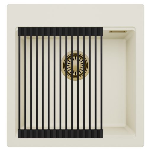 HD Infinity White 48 egymedencés gránit mosogatótálca szett, matt fekete csepegtetőráccsal, tört fehér színben, szálcsiszolt arany leeresztő szifonnal