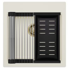 HD Infinity White 48 egymedencés gránit mosogatótálca szett, acél csepegtetőráccsal és matt fekete kosárral, tört fehér színben, szálcsiszolt arany leeresztő szifonnal