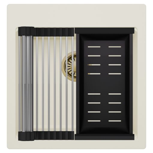 HD Infinity White 48 egymedencés gránit mosogatótálca szett, acél csepegtetőráccsal és matt fekete kosárral, tört fehér színben, szálcsiszolt arany leeresztő szifonnal