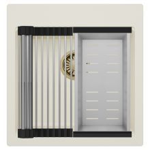 HD Infinity White 48 egymedencés gránit mosogatótálca szett, acél csepegtetőráccsal és kosárral, tört fehér színben, szálcsiszolt arany leeresztő szifonnal