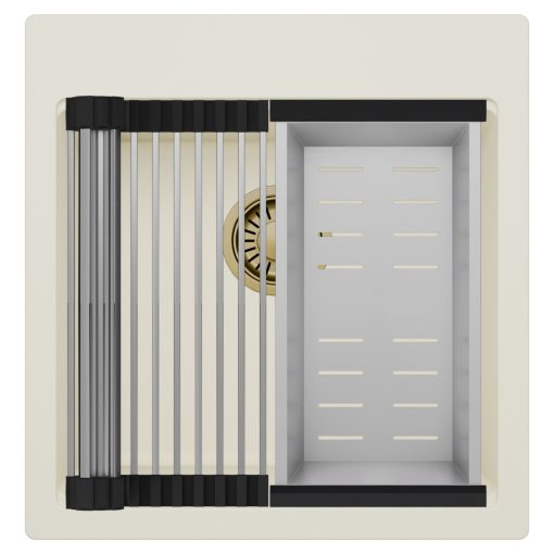 HD Infinity White 48 egymedencés gránit mosogatótálca szett, acél csepegtetőráccsal és kosárral, tört fehér színben, szálcsiszolt arany leeresztő szifonnal