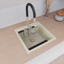 HD Infinity White 48 egymedencés gránit mosogatótálca szett, acél csepegtetőráccsal és kosárral, tört fehér színben, szálcsiszolt arany leeresztő szifonnal