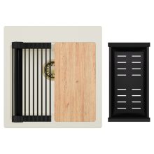 HD Infinity White 48 egymedencés gránit mosogatótálca szett, vágódeszkával, matt fekete csepegtetőráccsal és kosárral, tört fehér színben, szálcsiszolt arany leeresztő szifonnal