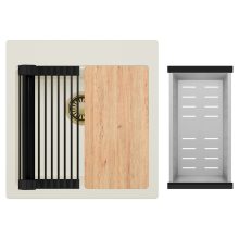 HD Infinity White 48 egymedencés gránit mosogatótálca szett, vágódeszkával, matt fekete csepegtetőráccsal és krómozott kosárral, tört fehér színben, szálcsiszolt arany leeresztő szifonnal