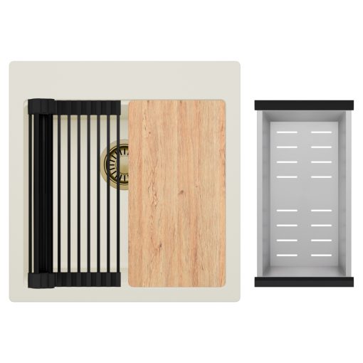 HD Infinity White 48 egymedencés gránit mosogatótálca szett, vágódeszkával, matt fekete csepegtetőráccsal és krómozott kosárral, tört fehér színben, szálcsiszolt arany leeresztő szifonnal