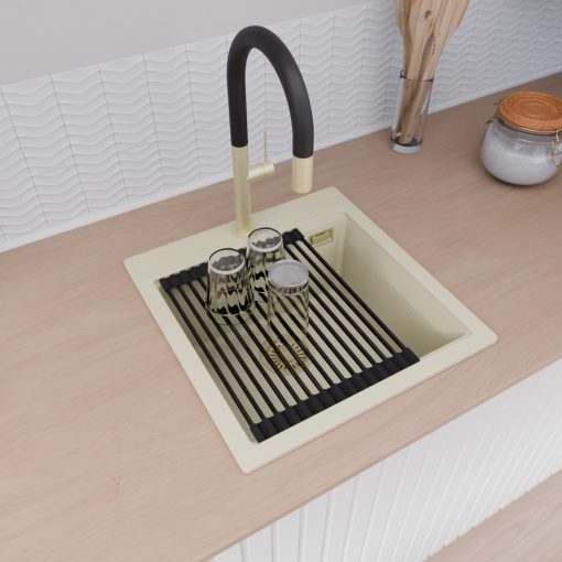 HD Infinity White 48 egymedencés gránit mosogatótálca szett, vágódeszkával, matt fekete csepegtetőráccsal és krómozott kosárral, tört fehér színben, szálcsiszolt arany leeresztő szifonnal