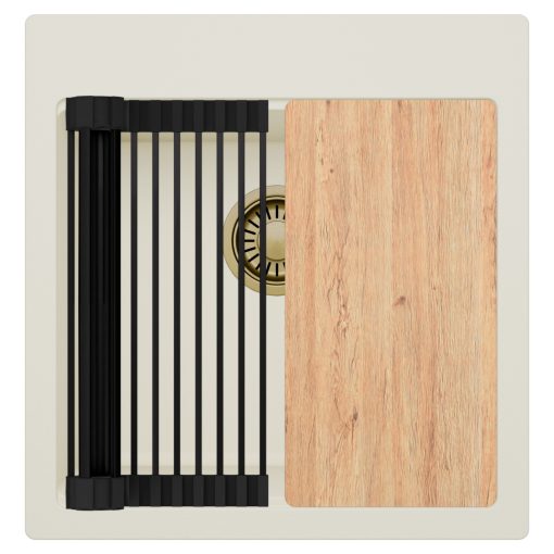 HD Infinity White 48 egymedencés gránit mosogatótálca szett, vágódeszkával, matt fekete csepegtetőráccsal, tört fehér színben, szálcsiszolt arany leeresztő szifonnal