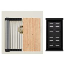 HD Infinity White 48 egymedencés gránit mosogatótálca szett, vágódeszkával, acél csepegtetőráccsal és matt fekete kosárral, tört fehér színben, szálcsiszolt arany leeresztő szifonnal