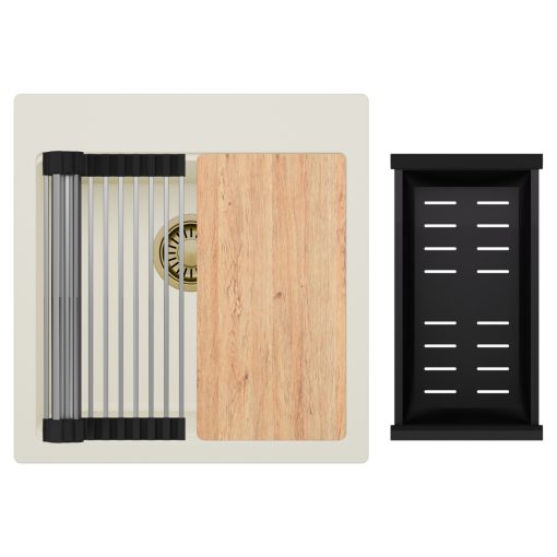 HD Infinity White 48 egymedencés gránit mosogatótálca szett, vágódeszkával, acél csepegtetőráccsal és matt fekete kosárral, tört fehér színben, szálcsiszolt arany leeresztő szifonnal