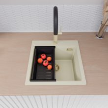 HD Infinity White 48 egymedencés gránit mosogatótálca szett, vágódeszkával, acél csepegtetőráccsal és matt fekete kosárral, tört fehér színben, szálcsiszolt arany leeresztő szifonnal