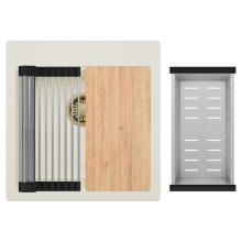 HD Infinity White 48 egymedencés gránit mosogatótálca szett, vágódeszkával, acél csepegtetőráccsal és kosárral, tört fehér színben, szálcsiszolt arany leeresztő szifonnal