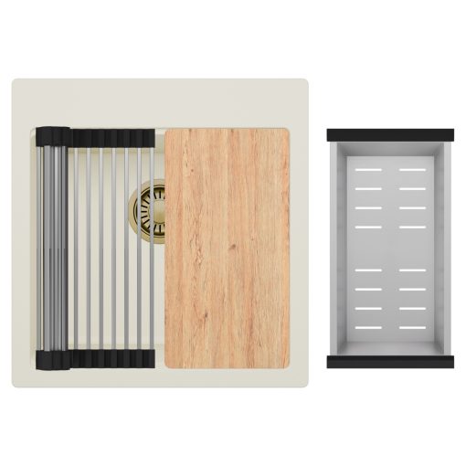 HD Infinity White 48 egymedencés gránit mosogatótálca szett, vágódeszkával, acél csepegtetőráccsal és kosárral, tört fehér színben, szálcsiszolt arany leeresztő szifonnal