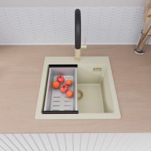 HD Infinity White 48 egymedencés gránit mosogatótálca szett, vágódeszkával, acél csepegtetőkosárral, tört fehér színben, szálcsiszolt arany leeresztő szifonnal