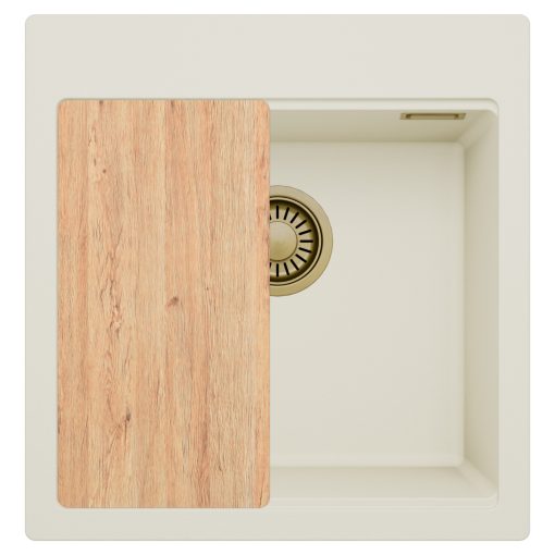 HD Infinity White 48 egymedencés gránit mosogatótálca, vágódeszkával, tört fehér színben, szálcsiszolt arany leeresztő szifonnal