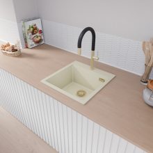 HD Infinity White 48 egymedencés gránit mosogatótálca, vágódeszkával, tört fehér színben, szálcsiszolt arany leeresztő szifonnal