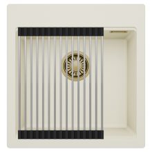 HD Infinity White 48 egymedencés gránit mosogatótálca szett, acél csepegtetőráccsal, tört fehér színben, szálcsiszolt arany leeresztő szifonnal