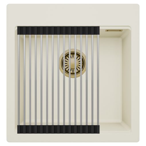 HD Infinity White 48 egymedencés gránit mosogatótálca szett, acél csepegtetőráccsal, tört fehér színben, szálcsiszolt arany leeresztő szifonnal