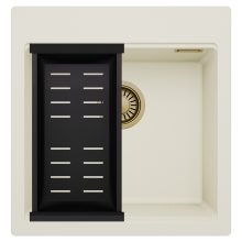 HD Infinity White 48 egymedencés gránit mosogatótálca szett, matt fekete csepegtetőkosárral, tört fehér színben, szálcsiszolt arany leeresztő szifonnal