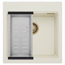 HD Infinity White 48 egymedencés gránit mosogatótálca szett, acél csepegtetőkosárral, tört fehér színben, szálcsiszolt arany leeresztő szifonnal