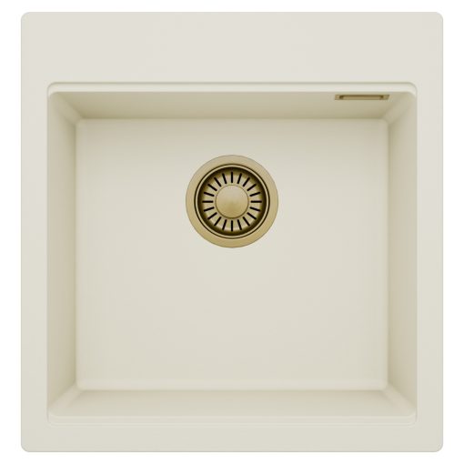 HD Infinity White 48 egymedencés gránit mosogatótálca, tört fehér színben, szálcsiszolt arany leeresztő szifonnal