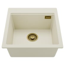 HD Infinity White 48 egymedencés gránit mosogatótálca, tört fehér színben, szálcsiszolt arany leeresztő szifonnal