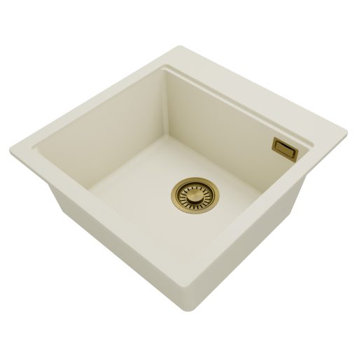 HD Infinity White 48 egymedencés gránit mosogatótálca, tört fehér színben, szálcsiszolt arany leeresztő szifonnal