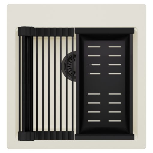 HD Infinity White 48 egymedencés gránit mosogatótálca szett, matt fekete csepegtetőráccsal és kosárral, tört fehér színben, matt fekete leeresztő szifonnal