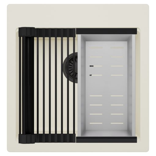 HD Infinity White 48 egymedencés gránit mosogatótálca szett, matt fekete csepegtetőráccsal és krómozott kosárral, tört fehér színben, matt fekete leeresztő szifonnal