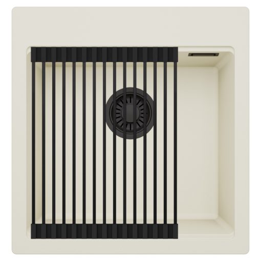 HD Infinity White 48 egymedencés gránit mosogatótálca szett, matt fekete csepegtetőráccsal, tört fehér színben, matt fekete leeresztő szifonnal