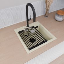 HD Infinity White 48 egymedencés gránit mosogatótálca szett, matt fekete csepegtetőráccsal, tört fehér színben, matt fekete leeresztő szifonnal